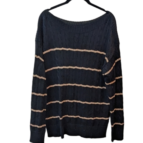 Lauren Ralph Lauren Black & Gold Striped Long Sleeved Boatneck Sweater (L) - Picture 2 of 5